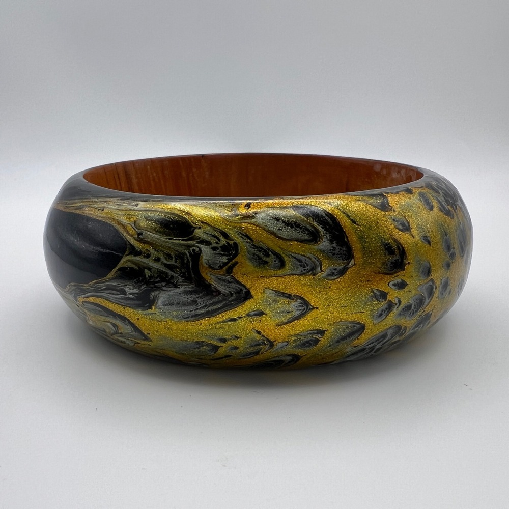 Handmade Fluid Art Wood Bangle Bracelet Gold Silver Black Metallic Swirl 2.5in